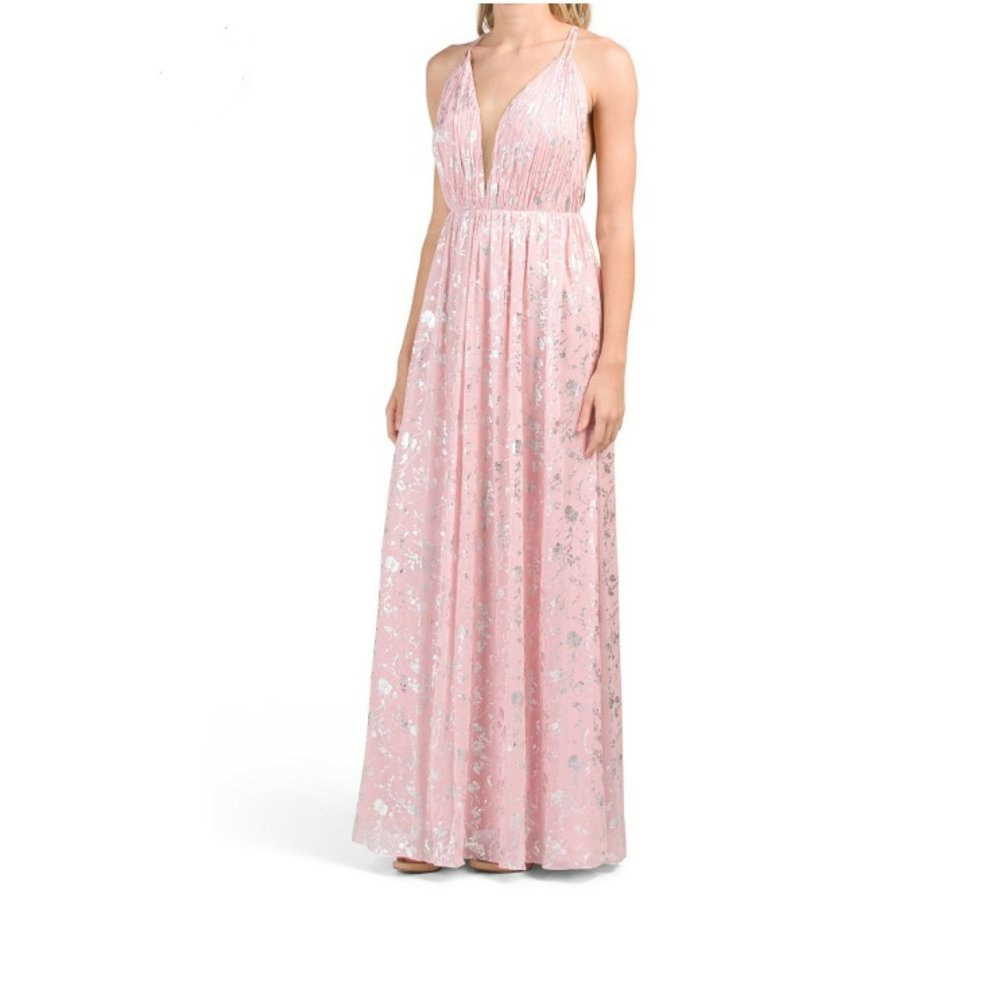 NWT THEIA Foil Print Chiffon Gown In Pink silver dress 6 8